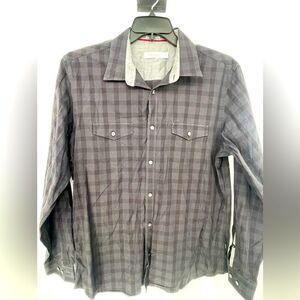 Calvin Klein large button-down plaid, gray, and black shirt‎